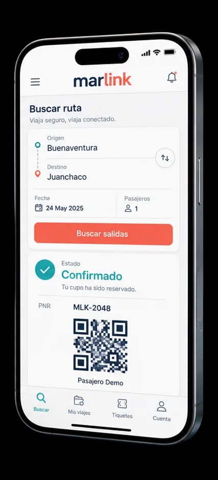 App Marlink: búsqueda de ruta y tiquete confirmado con QR